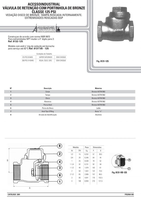 Válvula de retenção com portinhola de bronze Classe 125 psi