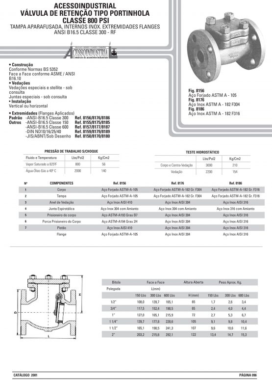 Válvula de retenção tipo portinhola Classe 800 psi
