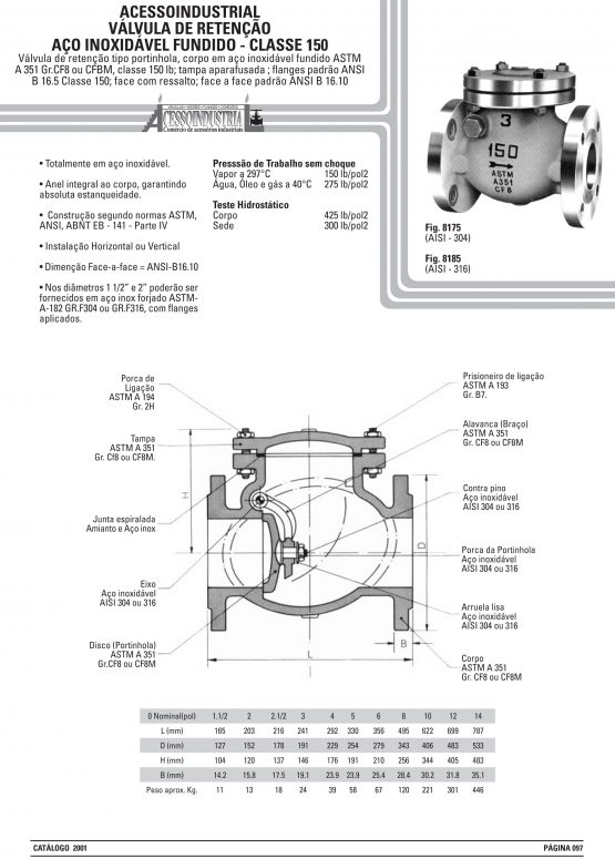 Válvula de retenção Aço inoxidável fundido - classe 150