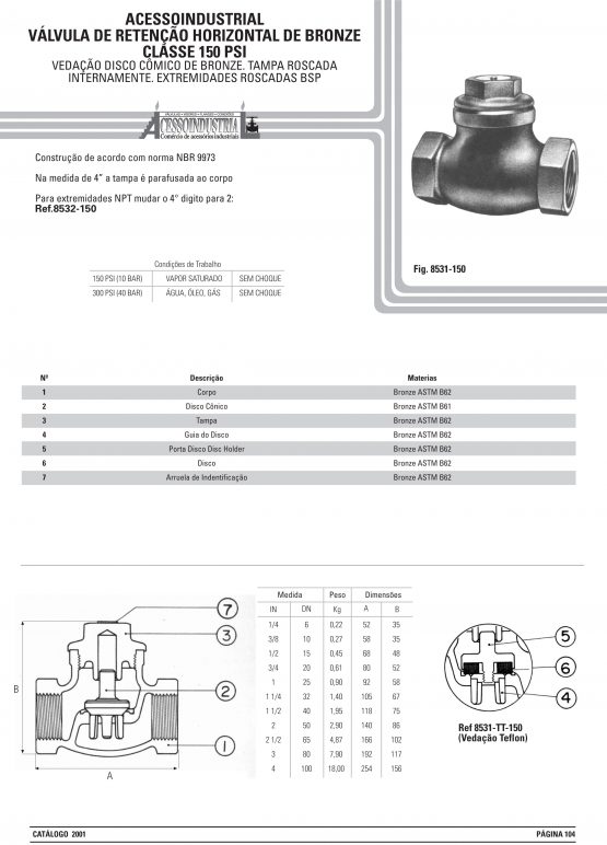 Válvula de retenção horizontal de bronze Classe 150 psi