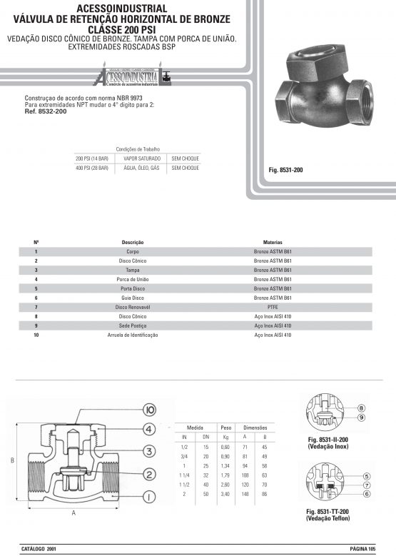 Válvula de retenção horizontal de bronze Classe 200 psi