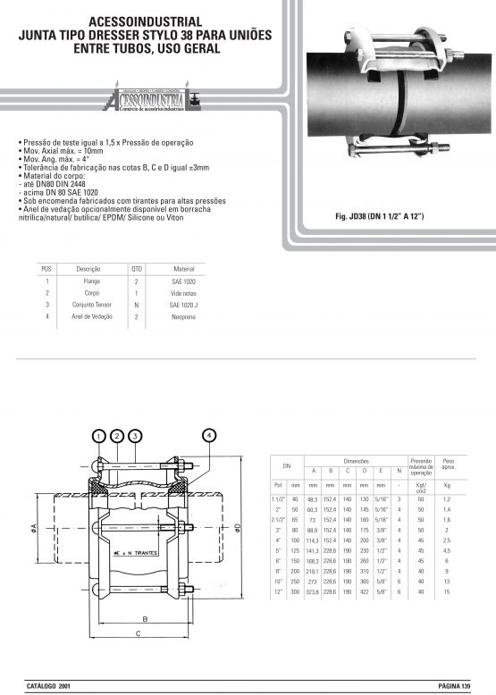 Junta tipo dresser stylo 38 para uniões entre tubos
