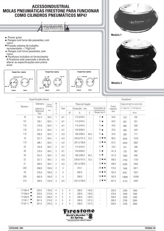 Molas pneumáticas Firestone para funcionar como cilindros pneumáticos mp47
