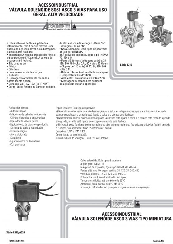 Válvula solenoide so61 asco 3 vias para uso Geral