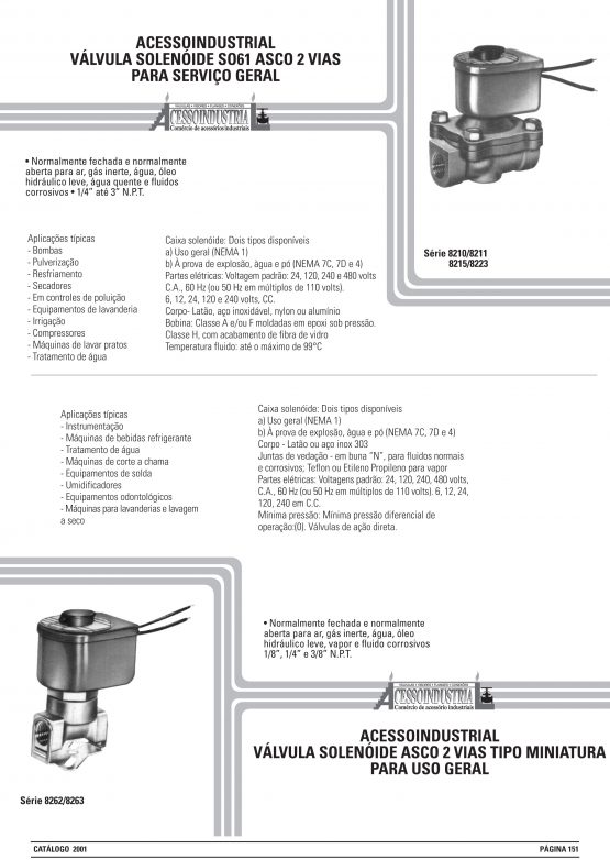 Válvula solenoide so61 asco 2 vias para serviço geral