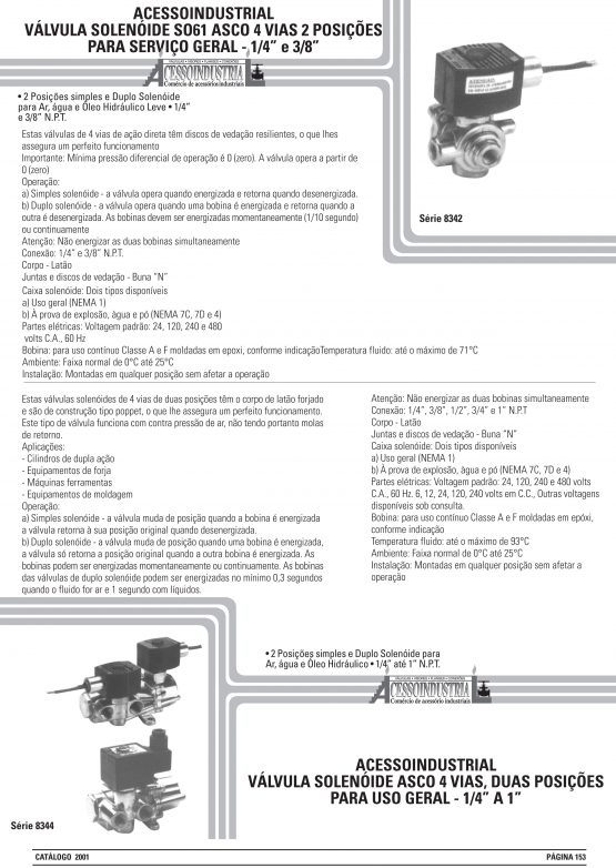 Válvula solenoide so61 asco 4 vias 2 posições