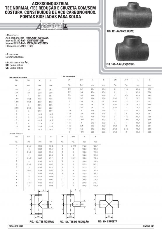 Tee normal /tee redução e cruzeta com/sem costura construídos de aço carbono/inox